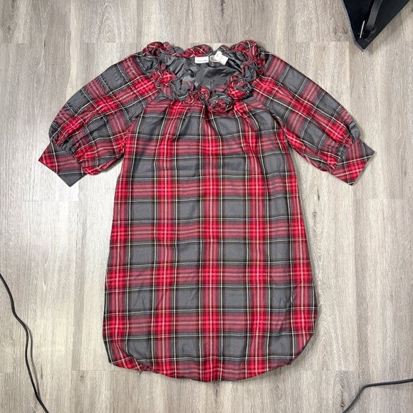 NWT Newport News Plaid Ruffle Rose Neck Midi Dress Red Gray, Fitted Like M - Picture 11 of 14